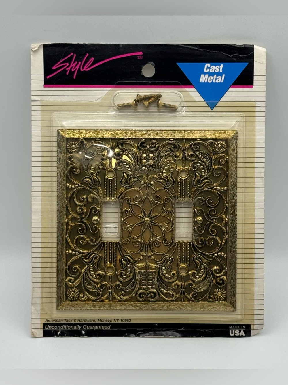 Vintage 96 AmerTac Style Cast Metal Double Toggle Wall Plate Cover Antique Brass